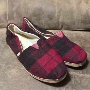 Toms Red and Black Plaid Slip-On Shoes